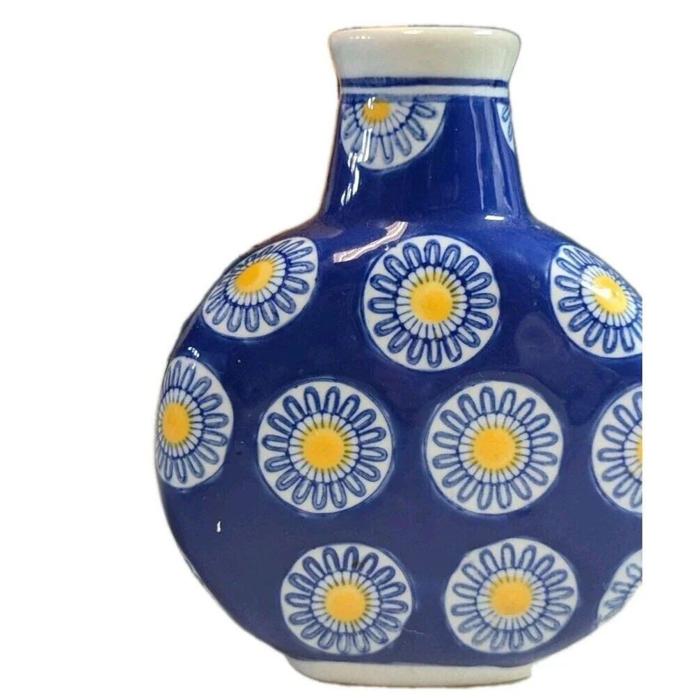 Vintage Blue & White Porcelain Miniature Bud Vase - Yellow Daisy Floral Moon Jar